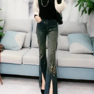 重工时尚 蝴蝶百搭牛仔微喇叭裤 欧版 个性 女显瘦修身 高腰刺绣九分裤