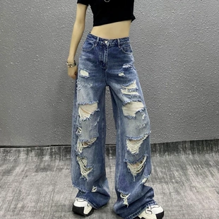 潮牌破洞水洗休闲牛仔裤 女夏新款 洋气高腰宽松显瘦百搭直筒阔腿裤