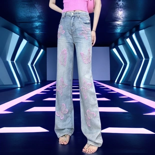 女 夏季 2025新款 今年流行爆款 休闲显瘦蝴蝶绣花刺绣烫钻阔腿牛仔裤