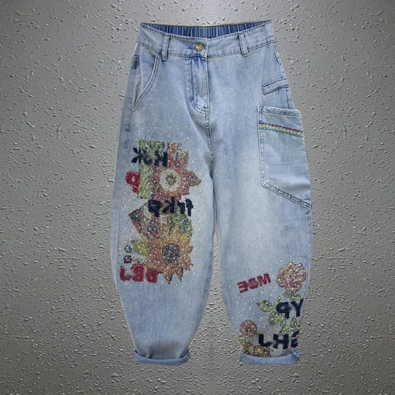 2025早秋装新款重工烫钻印花牛仔老爹裤大码半松紧腰刺绣灯笼裤女