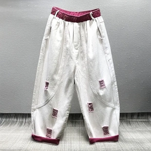 口袋阔腿老爹裤 夏季 休闲松紧腰九分牛仔裤 2025新款 今年流行爆款