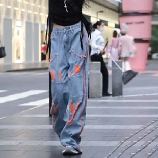 潮 原创定制复古直筒破洞牛仔裤 女个性 撞色高腰阔腿裤 宽松垂感长裤