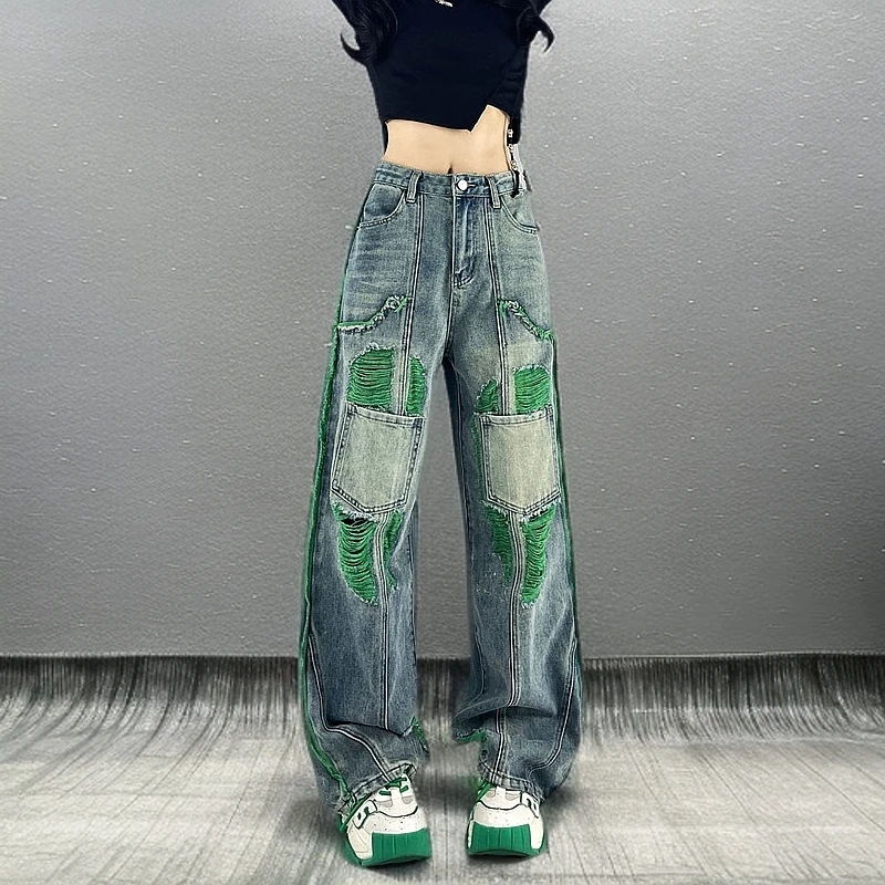 阔腿裤磨破毛边水洗拖地牛仔裤