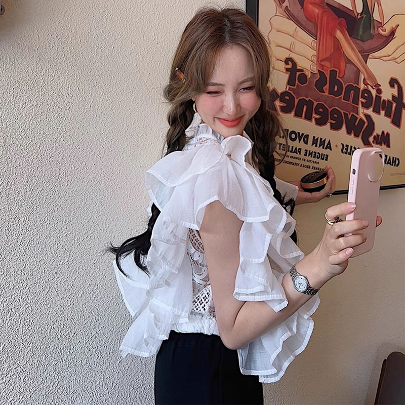 小众蕾丝拼接荷叶边上衣女夏季