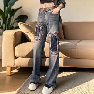 女阔腿裤 潮牌女装 高腰显瘦刺绣磨破烫钻牛仔裤 炸街2025年春季 新款