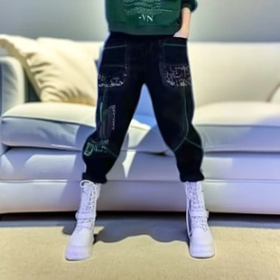 做旧牛仔裤 新款 女宽松时尚 夏季 天高级设计感复古印花松紧腰哈伦裤