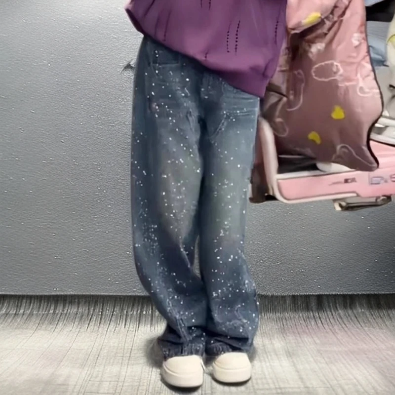 2026年流行网红女裤美式复古烫钻牛仔裤小众高腰宽松显瘦阔腿裤,女装/女士精品,牛仔裤,淘宝优惠券,粉丝福利购,淘宝优惠卷