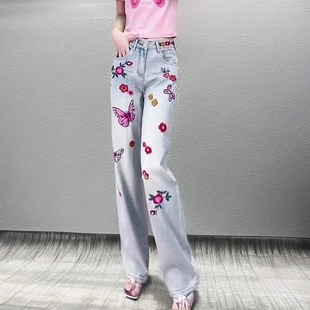 牛仔裤 春季 百搭小个子重工花朵刺绣阔腿裤 2025新款 女 今年流行爆款