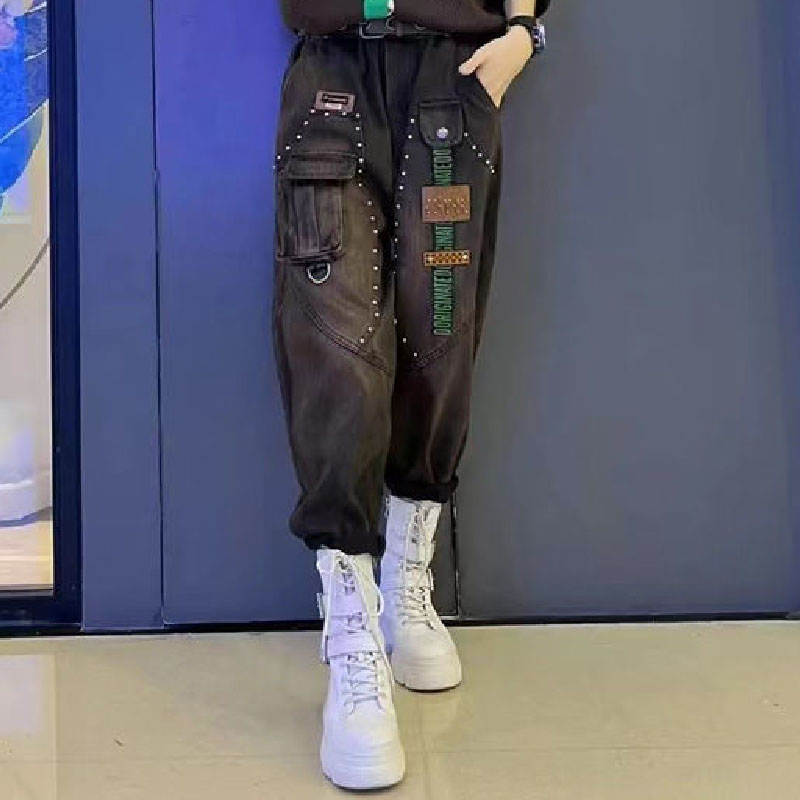 高腰宽松个性百搭做旧大码牛仔裤