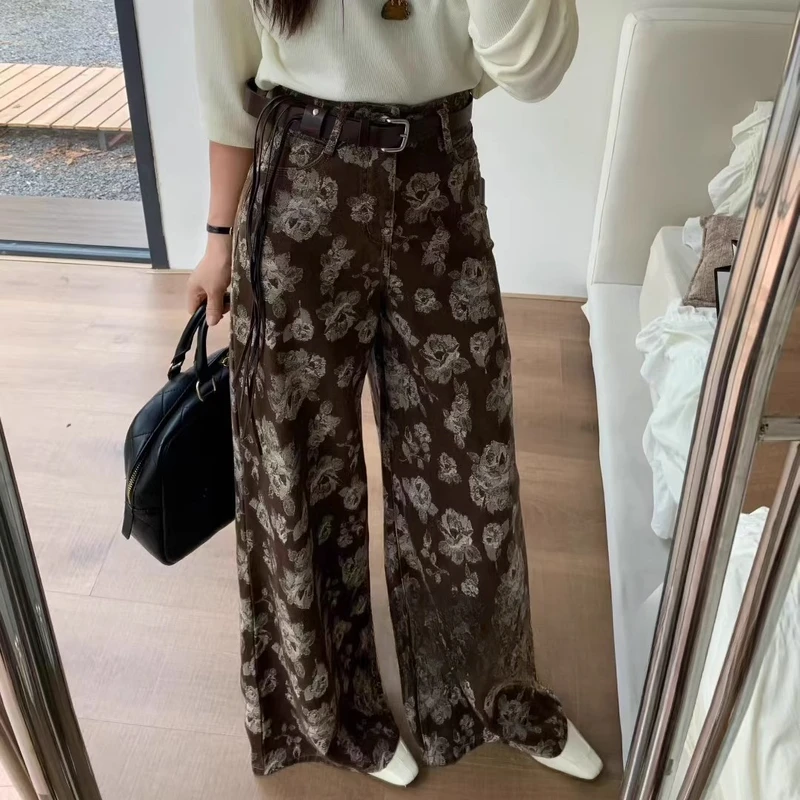 休闲印花牛仔高腰水洗阔腿拖地裤