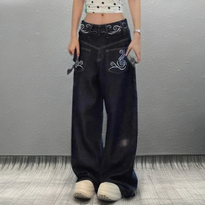 刺绣阔腿牛仔裤显瘦直筒拖地裤