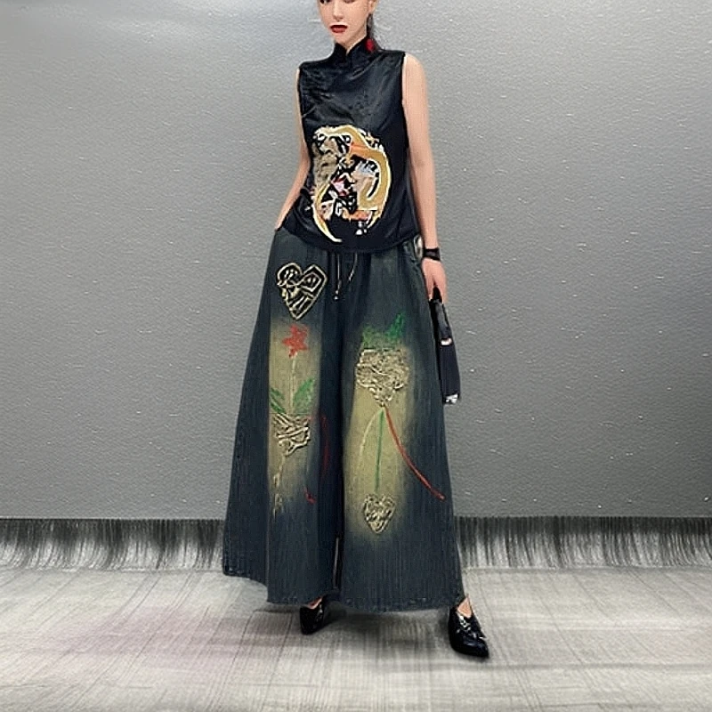 2025夏季流行新款爆款小众松紧腰宽松显瘦九分牛仔裤女装阔腿裤