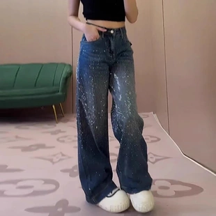 百搭马蹄长裤 2026年春季 女高腰阔腿裤 复古蓝色烫钻微喇牛仔裤 新款