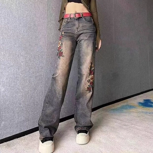 2025春秋新款 高腰显瘦刺绣花朵牛仔裤 女个性 百搭直筒拖地阔脚长裤