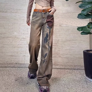 女复古高腰显瘦宽松直筒阔腿长裤 重工烫钻刺绣玫瑰花朵做旧牛仔裤