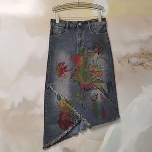 时尚 原创定制复古重工烫钻印花牛仔半身裙女夏季 手绘民族风中长裙