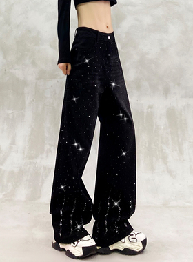 2026春季新款复古休闲烫钻黑色休闲牛仔长裤女高腰显瘦直筒阔腿裤