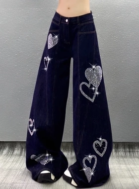 2025年流行网红女裤美式复古烫钻黑色牛仔裤女高腰直筒阔腿长裤