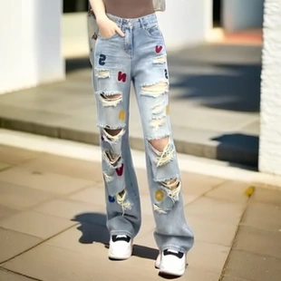 潮 2025夏季 新款 不掉色做旧高腰显瘦破烂直筒牛仔裤 女小个子阔腿裤