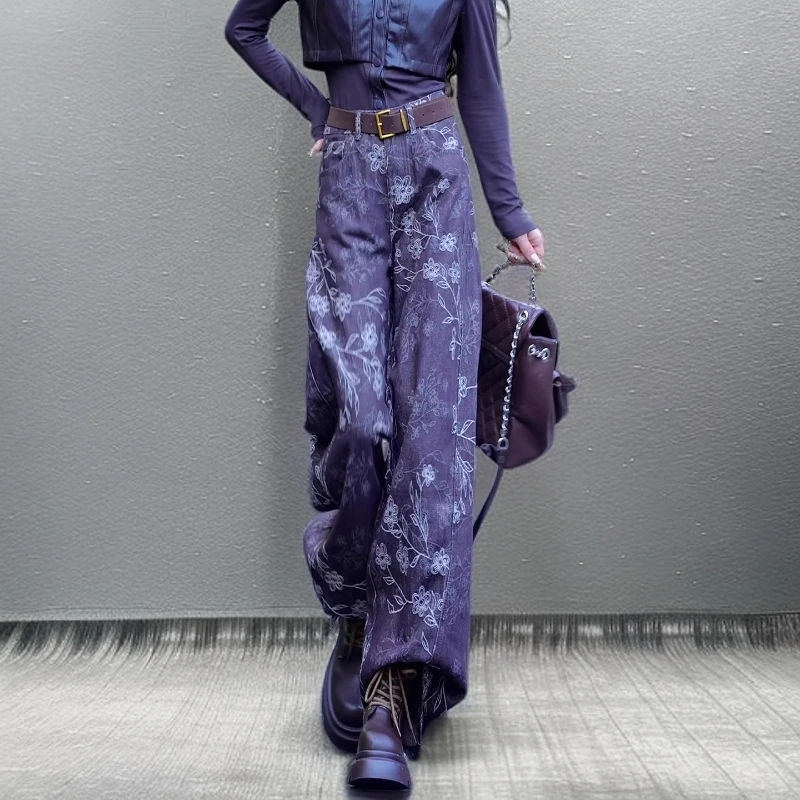 2026年流行网红女裤美式复古提花牛仔阔腿裤洋气百搭直筒拖地长裤,女装/女士精品,牛仔裤,淘宝优惠券,粉丝福利购,淘宝优惠卷