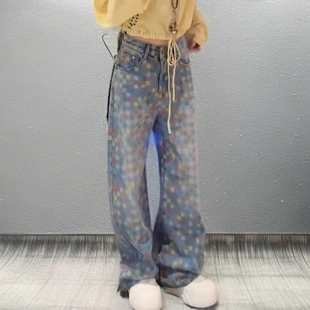 女宽松垂感阔腿裤 2025夏季 小众棋盘格高腰直筒牛仔裤 流行新款 爆款