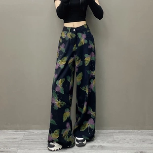 复古蝴蝶印花黑色牛仔裤 2025夏季 美式 新款 女 高腰小众显瘦设计长裤