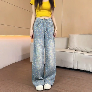 新款 直筒牛仔裤 2025夏季 复古休闲格窄版 女时尚 宽松显瘦百搭阔腿裤
