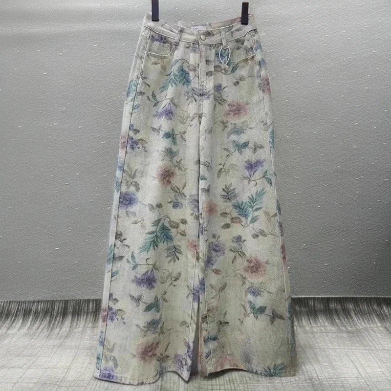 印花高腰牛仔裤显瘦直筒阔腿裤