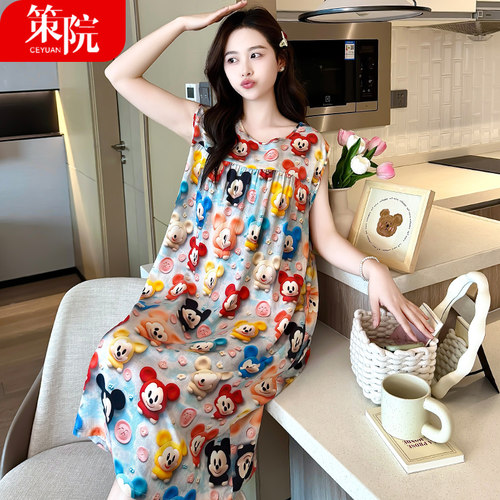 夏季女士棉绸睡裙薄款背心无袖人造棉睡衣宽加肥绵绸家居服连衣裙