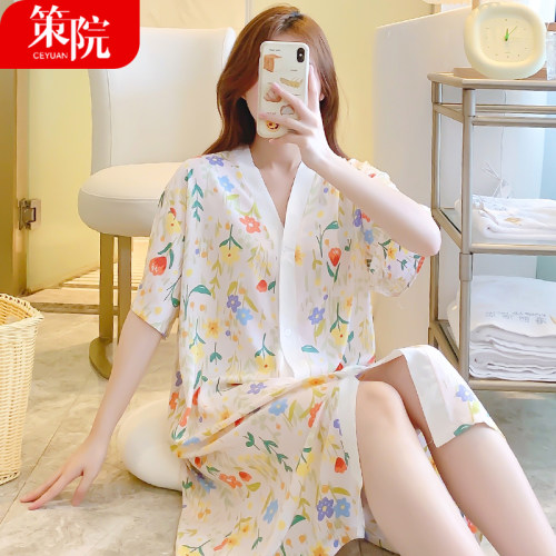 网红棉绸睡裙女士夏季短袖