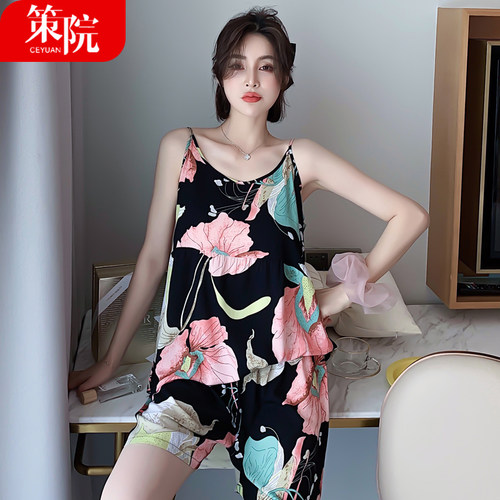 棉绸睡衣女士夏季短袖无袖空调