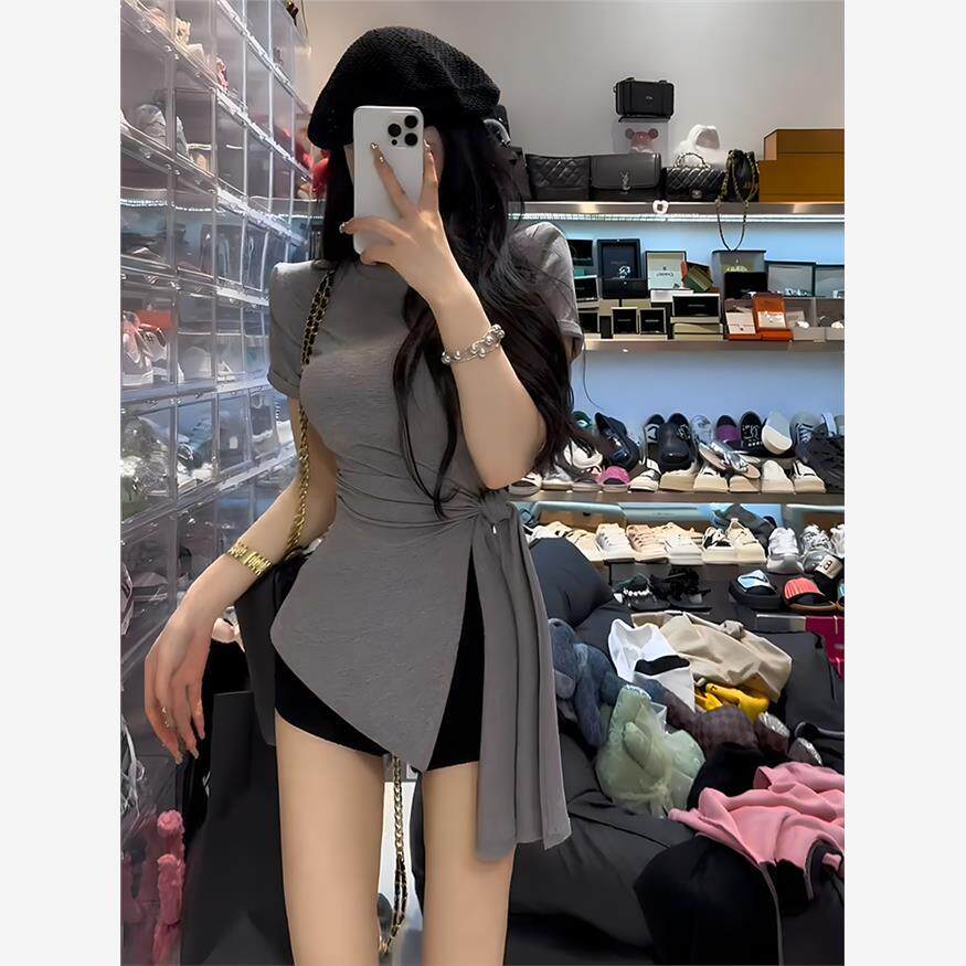 设计感不规则绑带短袖T恤衫女爆款夏季新款辣妹修身显瘦开叉上衣