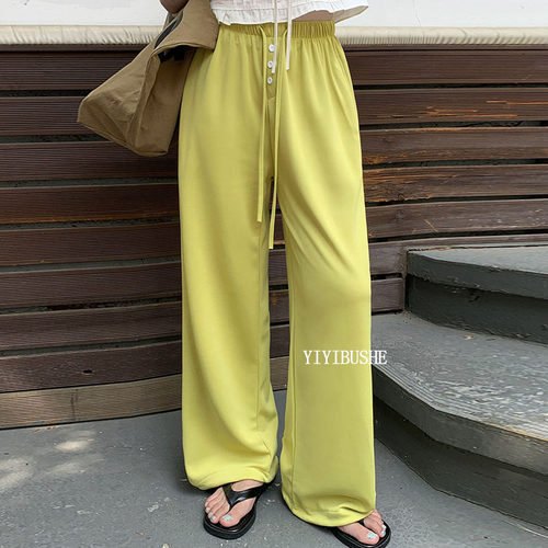 韩国代购正品 EB397韩系清新果绿色~显瘦松弛感高腰休闲阔腿裤hn