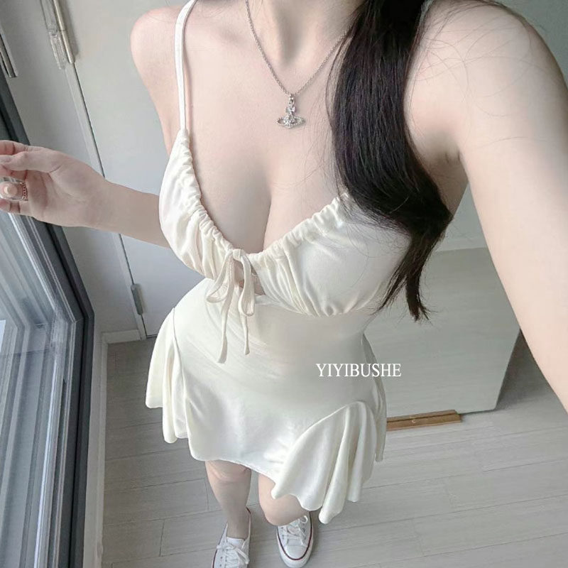 当天发 韩国代购正品UJ536纯欲抽绳系带显胸大~性感显身材吊带裙