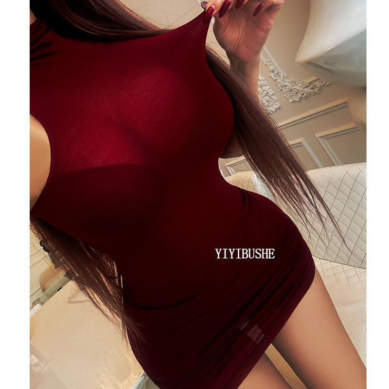性感女人味微透高领包臀连衣裙