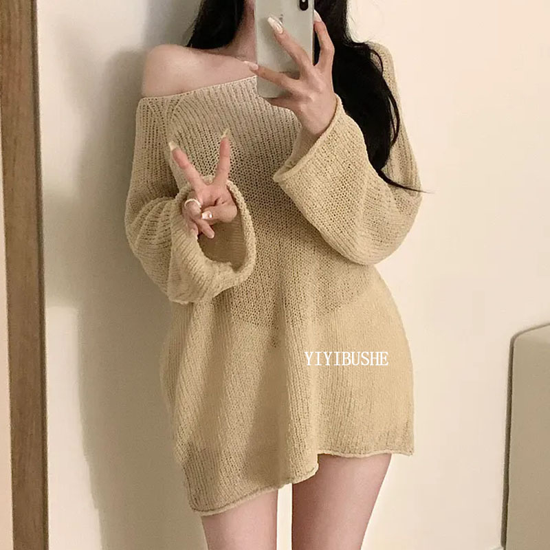 韩国代购正品 EC275韩系松弛感天花板~纯欲女人味露肩宽松针织衫