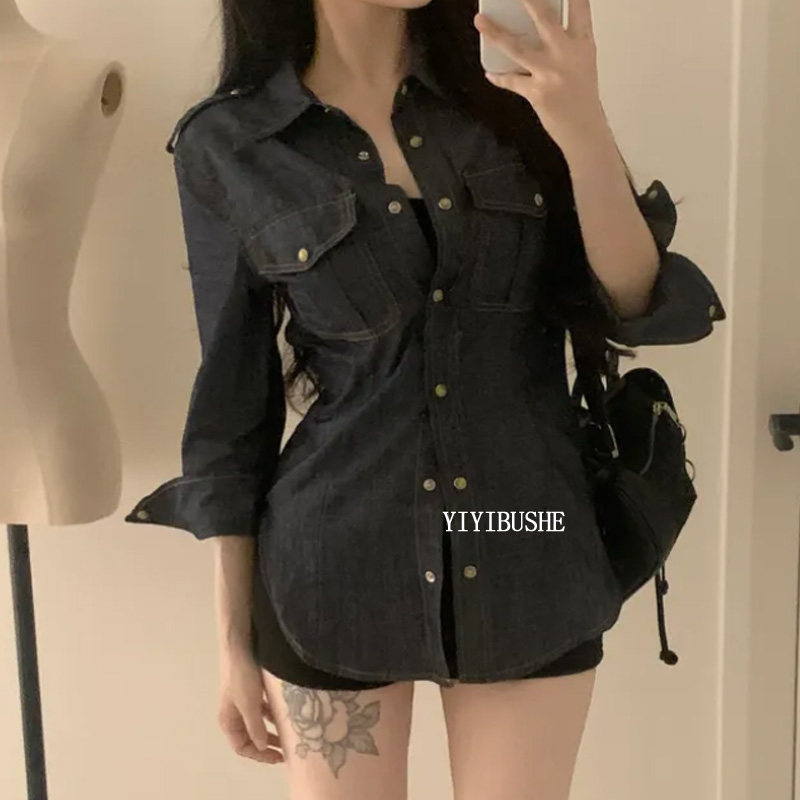 巨好看掐腰显瘦深蓝色牛仔外套