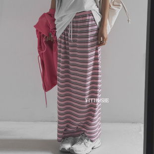显瘦高腰拼色条纹长款 韩国代购 时尚 PU259慵懒街头风 半身裙 正品