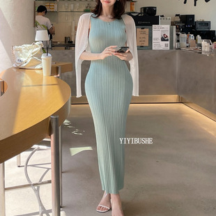 韩国代购正品LL293轻奢高级感~优雅女人味到脚踝长款无袖连衣裙le