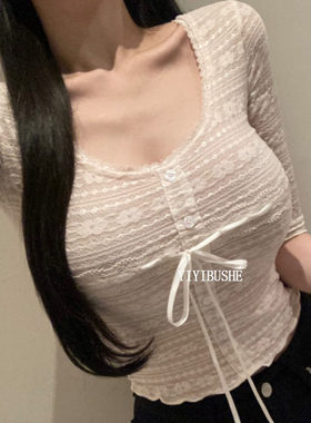 纯欲女人味U领五分袖蕾丝衫上衣