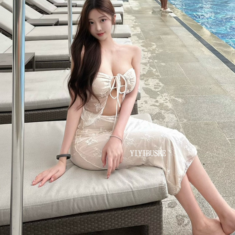 韩国代购正品 EA558海边度假风~纯欲绑带蕾丝鱼尾裙泳衣三件套jm