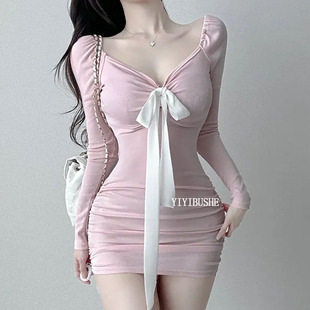 韩国代购正品LS531绝美温柔风~性感女人味露锁骨蝴蝶结包臀连衣裙