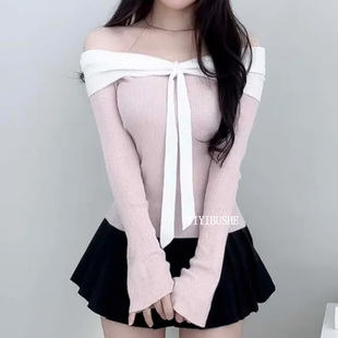 巨好看拼色蝴蝶结一字领露肩t恤女 PR262纯欲甜辣风 韩国代购 正品