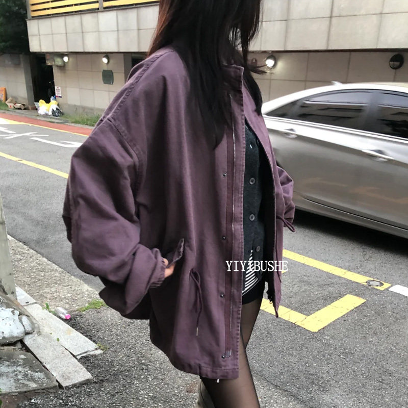 复古紫色大口袋宽松牛仔外套