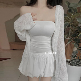 韩国代购正品PN226独特绝美花苞抹胸白色连衣裙 镂空针织衫单卖