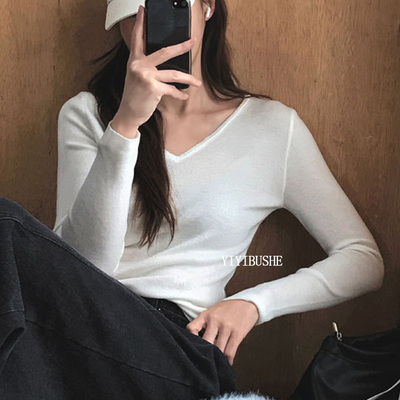 女人味气质v领修身长袖针织衫