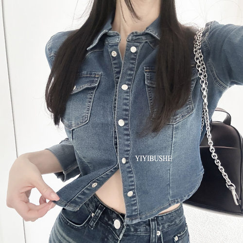 气质女人味翻领修身牛仔衬衫外套