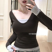 LS529辣妹高级感 韩国代购 正品 性感女人味露锁骨假两件T恤上衣