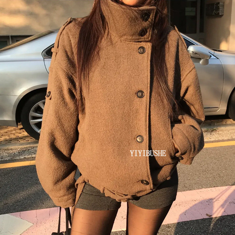 温暖立领慵懒夹棉短款毛呢外套