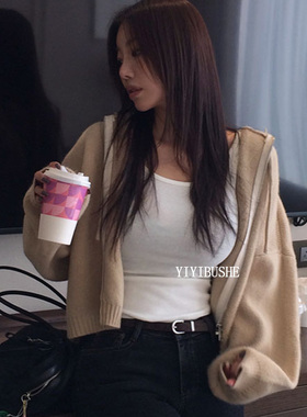 韩国代购正品PR210秋冬气氛感 纯欲风显瘦宽松短款连帽针织外套女